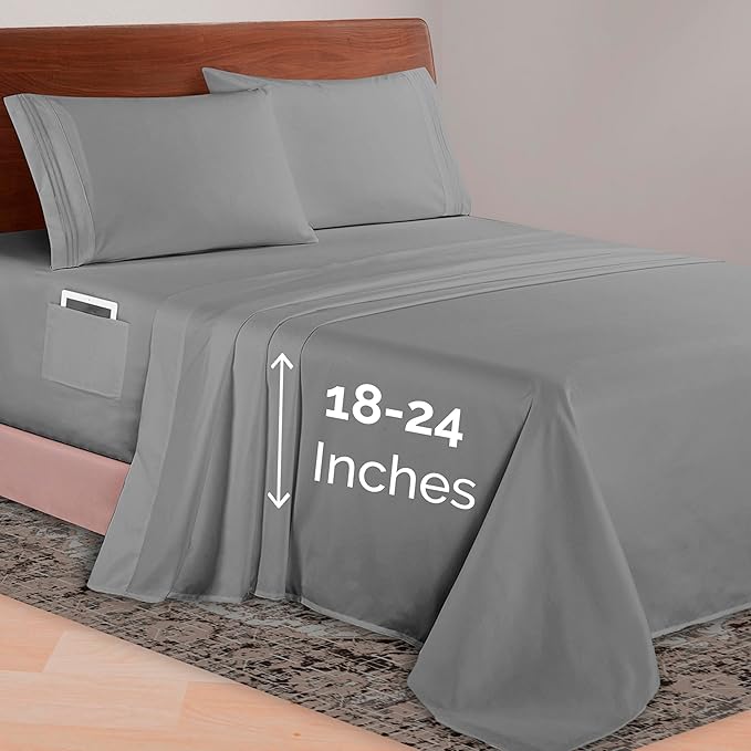 Elegant Comfort Luxurious 1500 Premium Hotel Quality Microfiber 4-Piece Sheet Set, 18-24 Inches Deep - Extra Deep Pocket Sheets - Ultra Soft 4PC Deep Pocket Sheets, Twin/Twin XL, Gray