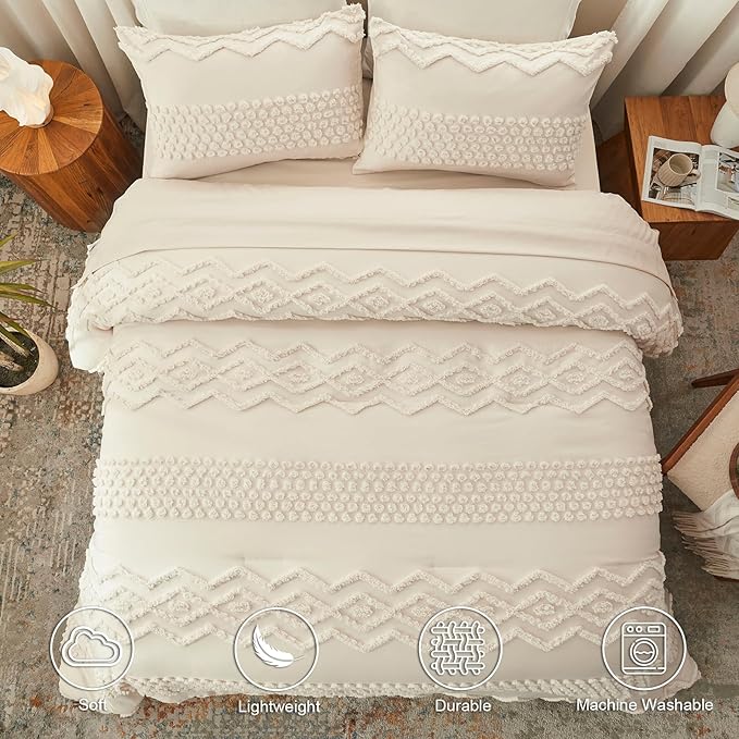 Luxudecor Beige Tufted Comforter Set King Size 3 Pieces Boho Shabby Chic Comforter Farmhouse Embroidery Bed Set Soft Comforter for All Seasons (Beige, 104''x90'')
