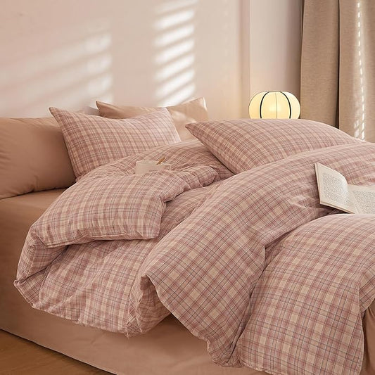 Plaid Twin XL Comforter Set Down Alternative Cute Bedding Set Fluffy Washed Cotton Cozy Boho Bedding Comforter Sets Super Soft Modern Farmhouse Bedroom Bed Comforter with 2 Pillowcases
