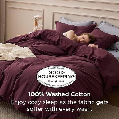 Bedsure 100% Washed Cotton Duvet Cover Queen Size - Burgundy Minimalist Bedding Set Linen Like - PureWoven Plain Simple & Soft Comforter Cover for All Seasons (Burgundy, Queen, 90"x90")