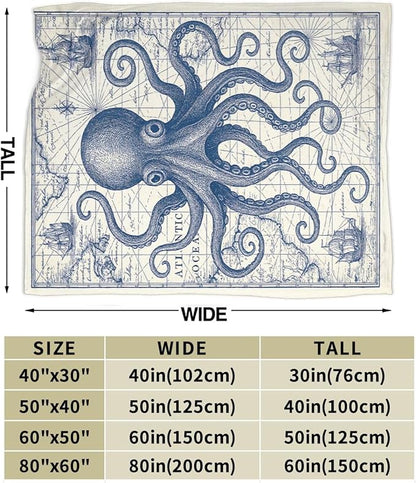 Nautical Octopus Blanket Super Soft Warm Fluffy Fleece Flannel Sea Animal Throw Blanket Cozy Fuzzy Plush Stuff Bedding Sealife Blankets Gifts for Women Kids Boys Girls Adults 80"X60"