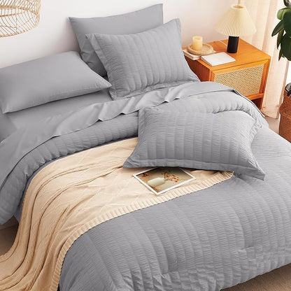 CozyLux Queen Comforter Set Grey Seersucker 7 Pieces Bed in a Bag Queen Comforter Set with Sheets, Gray Luxury Soft Bedding Set with Down Alternative Comforter, Sheets, Pillowcases & Shams All Seasons