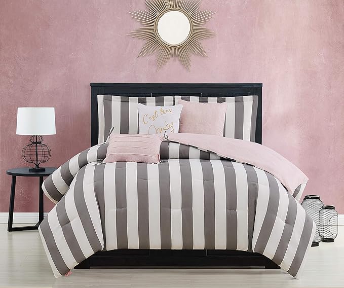 Juicy Couture JYZ012630 Cabana Stripe 6-Piece Reversible Set, Queen Grey/White