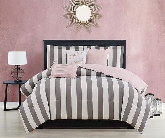 Juicy Couture JYZ012630 Cabana Stripe 6-Piece Reversible Set, Queen Grey/White