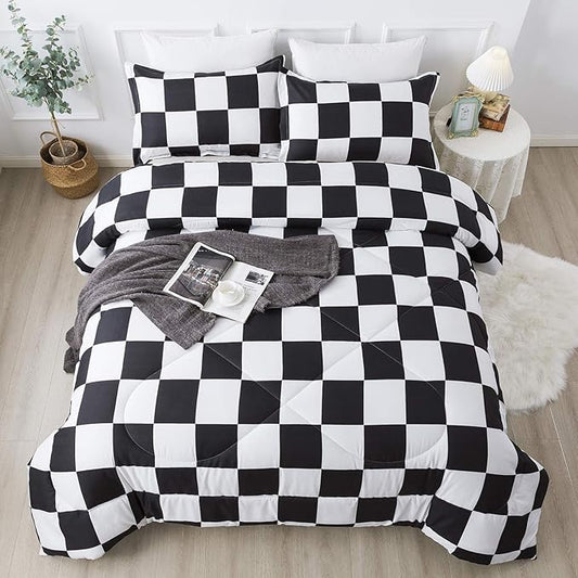 Andency Checkered Comforter Full(79x90Inch), Black White Plaid Gingham Bed Set for Teen Boys Kids, Lightweight Polyester Geometric Preppy Bedding, 3 Pieces