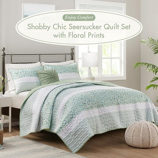 Madison Park Quilt Set, Seersucker Floral Coverlet for Queen Size Bed, All Season Lightweight Bedding, Farmhouse Quilt Set, Vermicelli Quilting, Throw Pillow, Caralie, Full/Queen Green 4 Piece