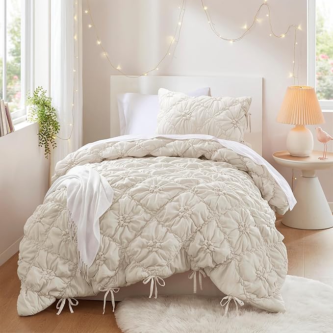 Intelligent Design Twin Comforter Set – Ivory Lily Puffy Floral Shabby Chic Boho Bedding for Girls, Ultra-Soft, Lightweight & All-Season, Twin
