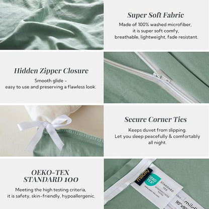 MILDLY Super Soft Duvet Cover 2pcs - 100% Washed Microfiber Sage Green Comforter Cover Set with Zipper Closure & Corner Ties (No Comforter)