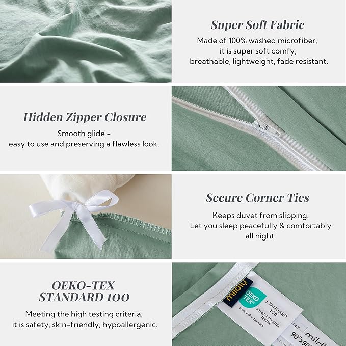 MILDLY Super Soft Duvet Cover - 100% Washed Microfiber Sage Green Comforter Cover Set 3 Pieces with Zipper Closure & Corner Ties (No Comforter)