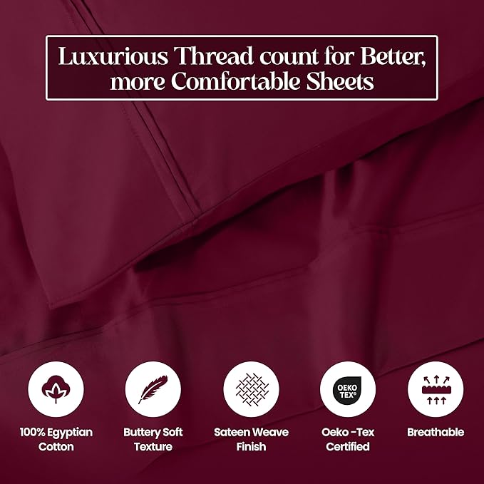 Superior 1200 Thread Count 100% Egyptian Cotton, Soft and Breathable, 2-Piece King Pillowcase Set Solid, Burgundy