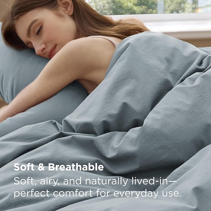 Bedsure 100% Washed Cotton Duvet Cover Queen Size - Dusty Blue Minimalist Cotton Bedding Linen Like for All Seasons - GentleSoft™ Plain Simple Duvet Cover, 3 Pieces (Dusty Blue, Queen, 90"x90")