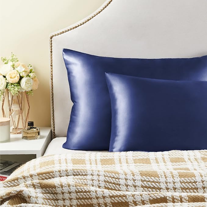BEDELITE Satin Pillowcase for Hair and Skin, Super Soft and Cooling Similar to Silk Pillow Cases 2 Pack with Envelope Closure, Gift for Women Men(20"x36" King Size, Navy)