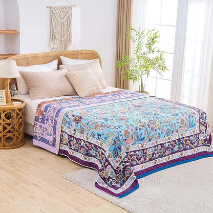 Fall Blanket for Bed, 100% Cotton Soft Rustic Boho Throw Blanket Quilt, 90"x98" Farmhouse Decor Bed Flower Blankets, Light Weight Reversible Bohemian Throw Quilt