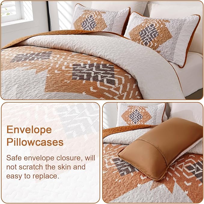 Dintszyayue Burnt Orange Quilt Set Boho California King Size,3 Piece Aztec Texture Bedspread Coverlet Set Soft Lightweight Bedding Set Terracotta Quilt with 2 Pillowcases(Terracotta,96"x112")