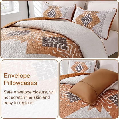Dintszyayue Boho Queen Quilt Set 3 Pieces Aztec Texture Bedspread Coverlet Set Bohemian Quilt Bedding Set Microfiber Lightweight Bed Cover for All Seasons (Terracotta, 90"×96")