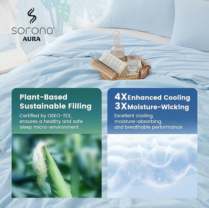 Amélie Home Waffle Cooling Comforter Twin Size, Q-Max 0.45 Reversible Lightweight Cooling Blanket for Hot Sleepers, Breathable Bedding for Night Sweats, 68"x90", Sky Blue