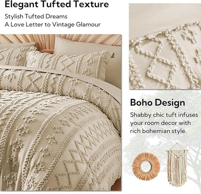 MR&HM Tufted Boho Comforter Set California King, Linen Farmhouse Bedding Set, Bed in a Bag Set 7 Pieces with 1 Comforter, 2 Pillow Shams, 2 Pillowcases, 1 Flat Sheet, 1 Fitted Sheet for All Seasons