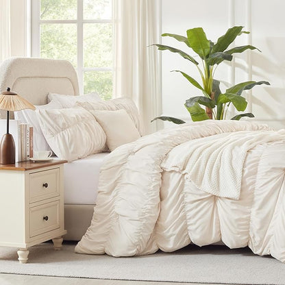 Andency Ruched Beige Queen Comforter Set, Shabby Chic Pleated Bedding Sets 3 Pieces, Lightweight Soft Boho Ruffle Bed Set for Girls, Kids, Women, All Season