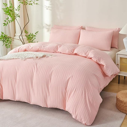 Pink Striped King Comforter Set Soft Luxury Washed Microfiber Jacquard 3 Pieces Bedding Set, Pink Jade Vertical Ticking Stripes Comforter with 2 Pillowcases Breathable Durable Comfy