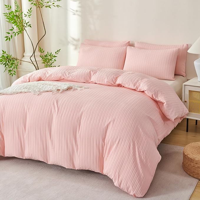 Pink Comforter Set Queen Size Soft Luxury Washed Microfiber Jacquard 3 Pieces Bedding Set, Pink Jade Vertical Ticking Stripes Comforter with 2 Pillowcases Breathable Durable Comfy