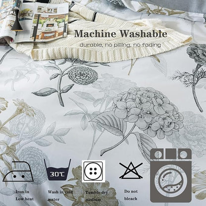 FADFAY Floral Duvet Cover Sets King/Cal King 100% Cotton Ink Grey Vintage Flower Patterned Hydrangea Comforter Cover Farmhouse Bedding for All Season Soft Crisp Luxury Bed Cover with Zipper 3 Pieces