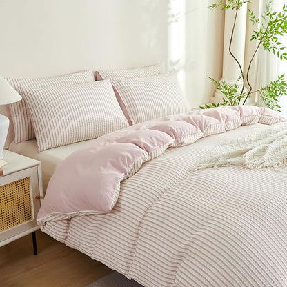 Dusty Pink Comforter Set Queen Size Soft Luxury Washed Microfiber Jacquard 3 Pieces Bedding Set, White Dusty Pink Vertical Ticking Stripes Comforter with 2 Pillowcases Breathable Durable Comfy