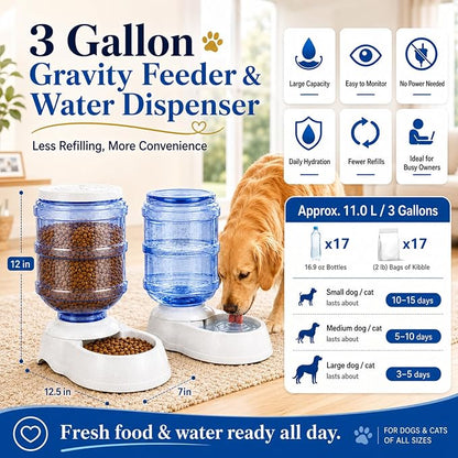 Automatic Dog Feeder and Water Dispenser Set for Large Dogs, 3 Gallon Gravity Dog Cat Food and Water Dispenser Set with Pet Food Bowl,Large Pet Food Water Dispenser Station