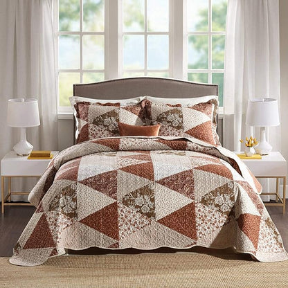 HoneiLife Queen Size 3 Piece Microfiber Quilt Set - Brown Triangle Pattern, 90x96 Inch