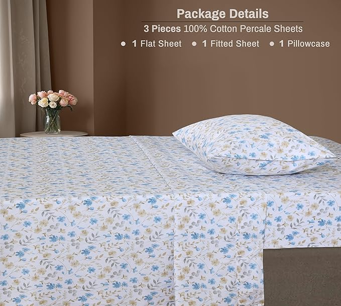 ZOYER 100% Cotton Sheets – Twin XL Size Percale Bedding, Cooling & Breathable, Durable with a Crisp, Soft & Comfortable Feel, 16" Deep Pocket, 3-Piece Set, Country Coast