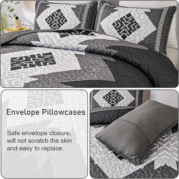 Dintszyayue Boho Quilt Set King Size 3 Pieces Black Grey Aztec Texture Bedspread Coverlet Set Bohemian Quilt Bedding Set Microfiber Lightweight Bed Cover for All Seasons 90"×103"