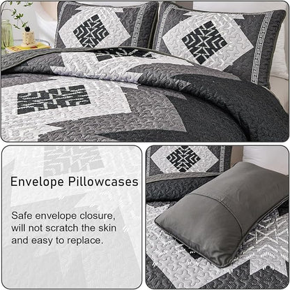 Dintszyayue Boho Quilt Set King Size 3 Pieces Black Grey Aztec Texture Bedspread Coverlet Set Bohemian Quilt Bedding Set Microfiber Lightweight Bed Cover for All Seasons 90"×103"