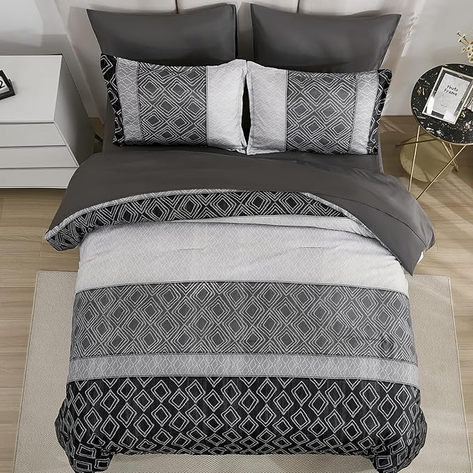 Dinjoy Queen Comforter Set Dark Gray Boho,Soft 7 Piece Bed in a Bag Queen Size Lightweight Black Bedding Sets Striped Comforters with Plaid Bed Set with Sheets for Men All Season