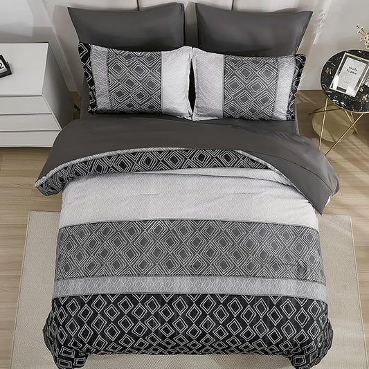 Dinjoy Queen Comforter Set Dark Gray Boho,Soft 7 Piece Bed in a Bag Queen Size Lightweight Black Bedding Sets Striped Comforters with Plaid Bed Set with Sheets for Men All Season