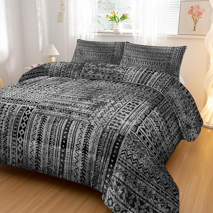 Grey Splicing Comforter Sets Queen Size, Bohemian Geometric Bedding Set for Your Room, Abstract Soft Lightweight Quilted Set All Season, 1 Comforter and 2 Pillowcases