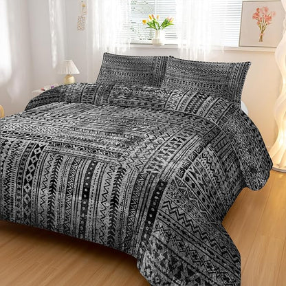 Grey Splicing Comforter Sets Full Size, Bohemian Geometric Bedding Set for Your Room, Abstract Soft Lightweight Quilted Set All Season, 1 Comforter and 2 Pillowcases