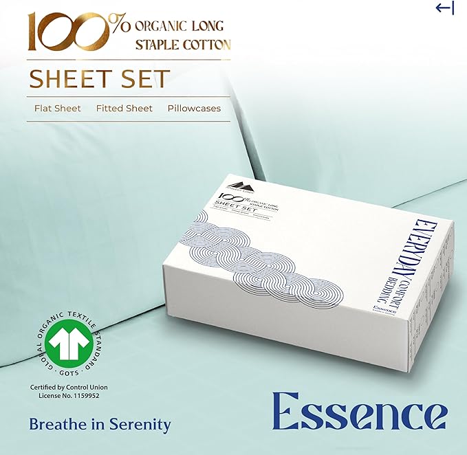 Mayfair Linen 100% Organic Cotton Sheets Full Size - 4 PC Organic Cotton Full Size Percale Weave Sheet Set, Soft, Cooling, Crisp & Breathable, 16" Deep Pocket Hotel Quality Bedding Set - Sea Foam
