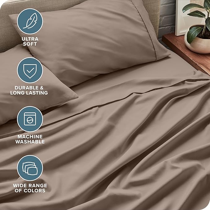 Bare Home Short Queen Sheet Set - 1800 Ultra-Soft Microfiber Bed Sheets - Double Brushed - Deep Pockets - Easy Fit - 4 Piece Set - Bedding Sheets & Pillowcases (Short Queen, Taupe)