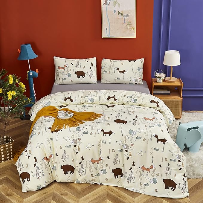 CLOTHKNOW Kids Twin Comforter Set Yellow Animal Bedding Comforter Sets Soft Cartoon Comforter Fox Rabbit Beige Bedding with 2 x Pillow Cases