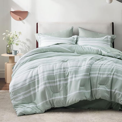 Bedsure Twin Comforter Set 5 Pieces, Sage Green Striped Bedding Set for All Seasons, Reversible, Cationic Dyeing Bed in a Bag with Comforter, Sheets, Pillowcase & Sham