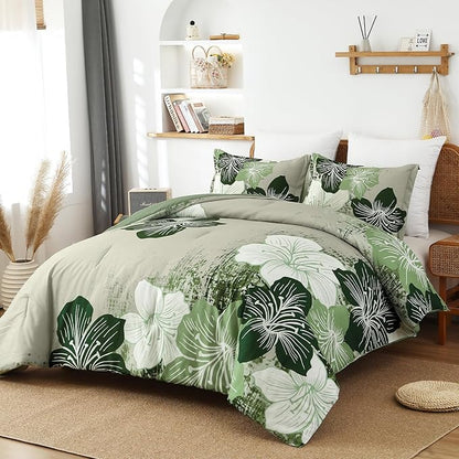 Menghomeus Floral Comforter Set King Ombre Green Bedding Lightweight Microfiber Bed Comforter for All Season, 3 Piece Flowers Comforter with 2 Pillowcases