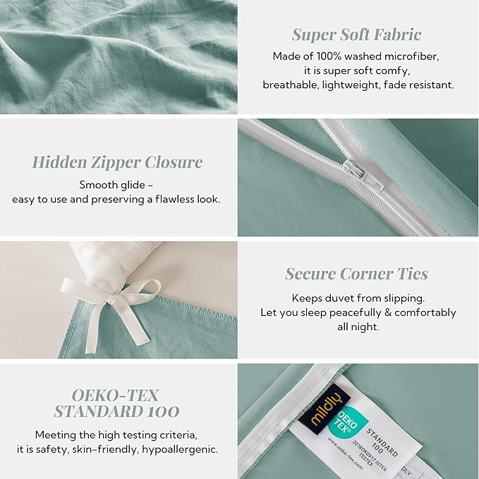 MILDLY Super Soft Duvet Cover 2pcs - 100% Washed Microfiber Grayish Teal Comforter Cover Set with Zipper Closure & Corner Ties (No Comforter)