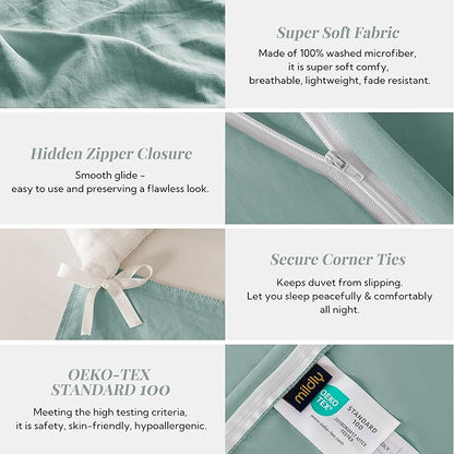 MILDLY Super Soft Duvet Cover - 100% Washed Microfiber Grayish Teal Comforter Cover Set 3 Pieces with Zipper Closure & Corner Ties (No Comforter)