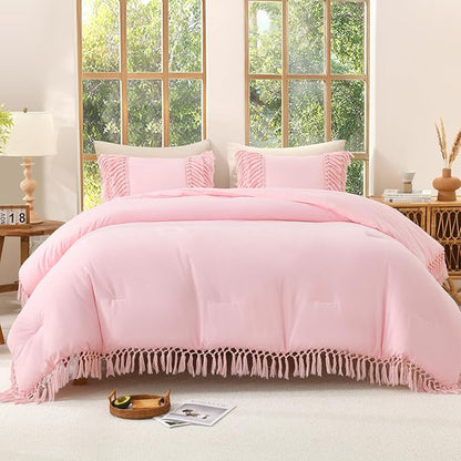 Andency Queen Comforter Set Light Pink, 3 Pieces Boho Lightweight Fall Bedding Comforter Sets, Tassel Bed Set (90x90In Comforter & 2 Pillowcases)