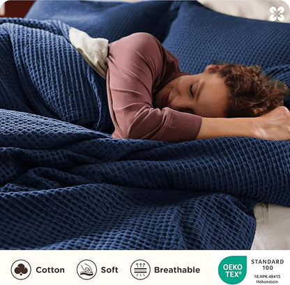Bedsure Cotton Duvet Cover Queen - 100% Cotton Waffle Weave Navy Blue Duvet Cover Queen Size, GentleSoft™ and Breathable Bedding Set for All Season, 3 Pieces, 90"x90"