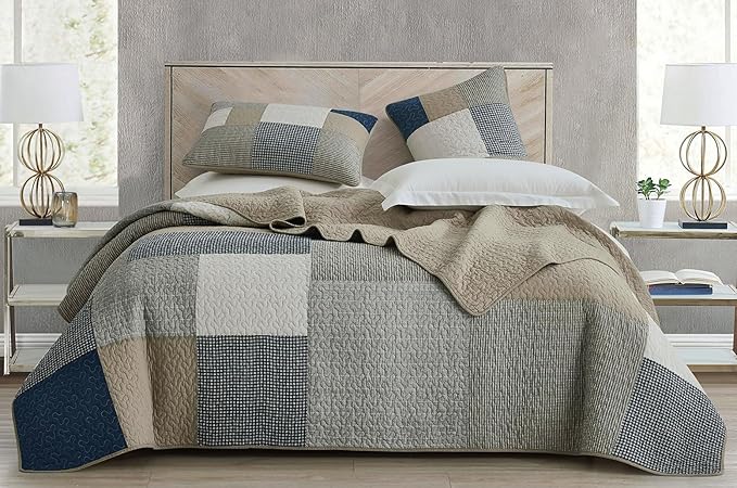 Chezmoi Collection Addy 3-Piece Navy Blue White Gray Taupe Plaid Patchwork Quilt Set - Pre-Washed Cotton Coverlet - Lightweight Reversible Bedspread, Queen Size
