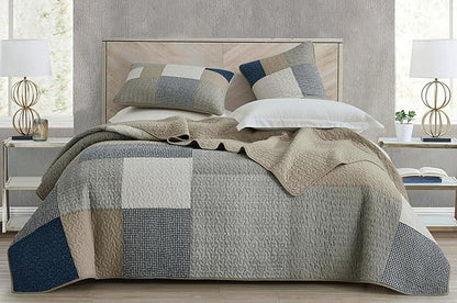 Chezmoi Collection Addy 2-Piece Navy Blue White Gray Taupe Plaid Patchwork Quilt Set - Pre-Washed Cotton Coverlet - Lightweight Reversible Bedspread, Twin Size