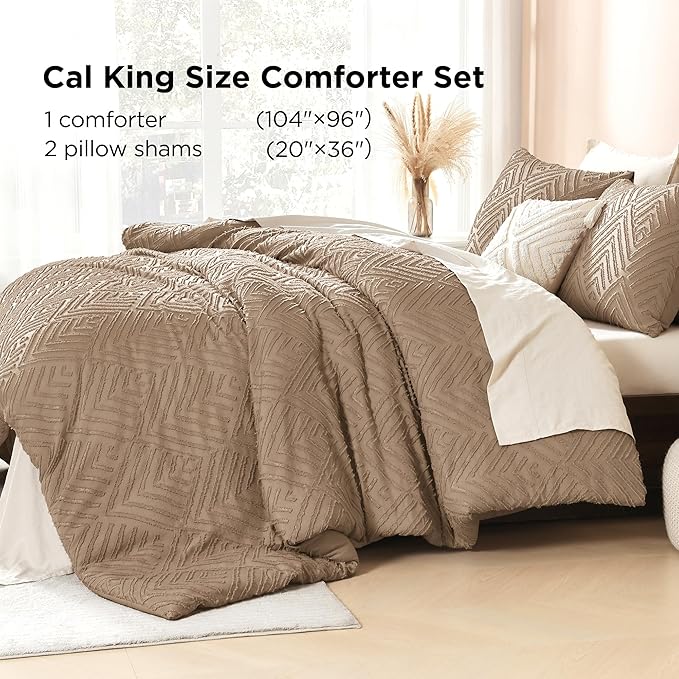 Litanika California King Comforter Set Taupe, 3 Pieces Tufted Boho Farmhouse Bedding Comforter Sets, Lightweight Fluffy Comforter Bed Set All Season (104x96In Comforter & 2 Pillowcases)