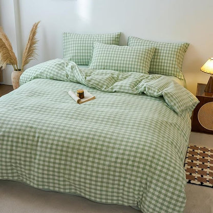 VM VOUGEMARKET Green Gingham Duvet Cover Queen 3 Pieces Neutral Plaid Grid Duvet Cover 100% Washed Cotton Comforter Cover with 2 Pillowcases Farmhouse Checkered Bedding Set