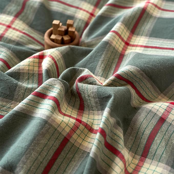 EAVD Vintage Green Buffalo Plaid Comforter Set Twin XL Soft 100% Washed Cotton Retro Green&Red Grid Checkered Bedding Set with 2 Pillowcases Farmhouse Gingham Comforter Set for All-Season