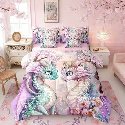 Western Dragon Couple Bedding Set,Japanese Cherry Blossom Twin Comforter Set with Sheets for Kids Teens Room Decor,Pastel Girly Pink Castle Bed in a Bag 7 Piece for Bedroom Living Room
